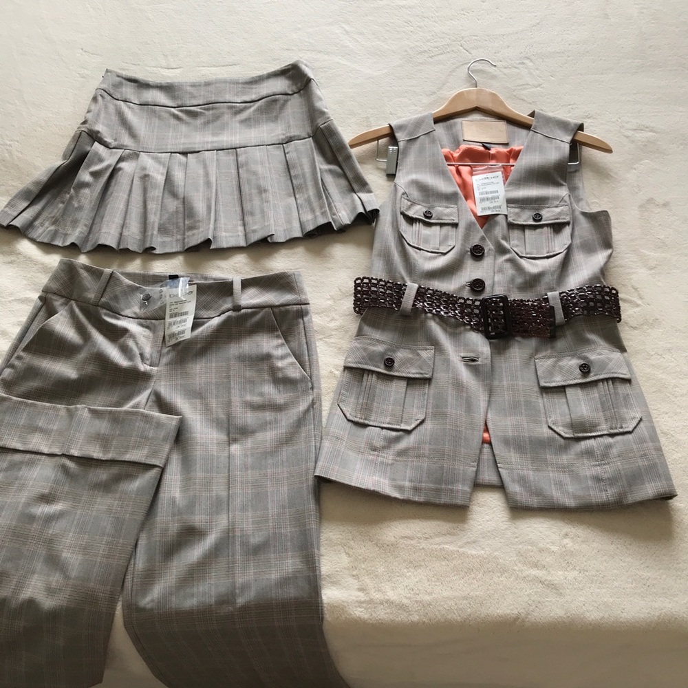 BEBE COLLECTION SAFARI VEST, WIDE LEG PANTS,SKIRT